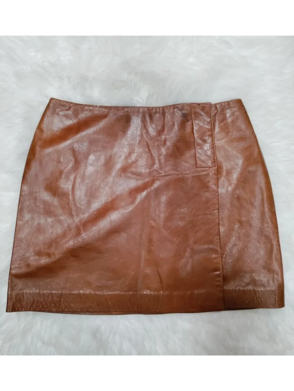 Hugo Buscati 100% Leather Antique 70s Style Brown A-Line Wrap Mini Skirt Size 6 - Picture 2 of 16